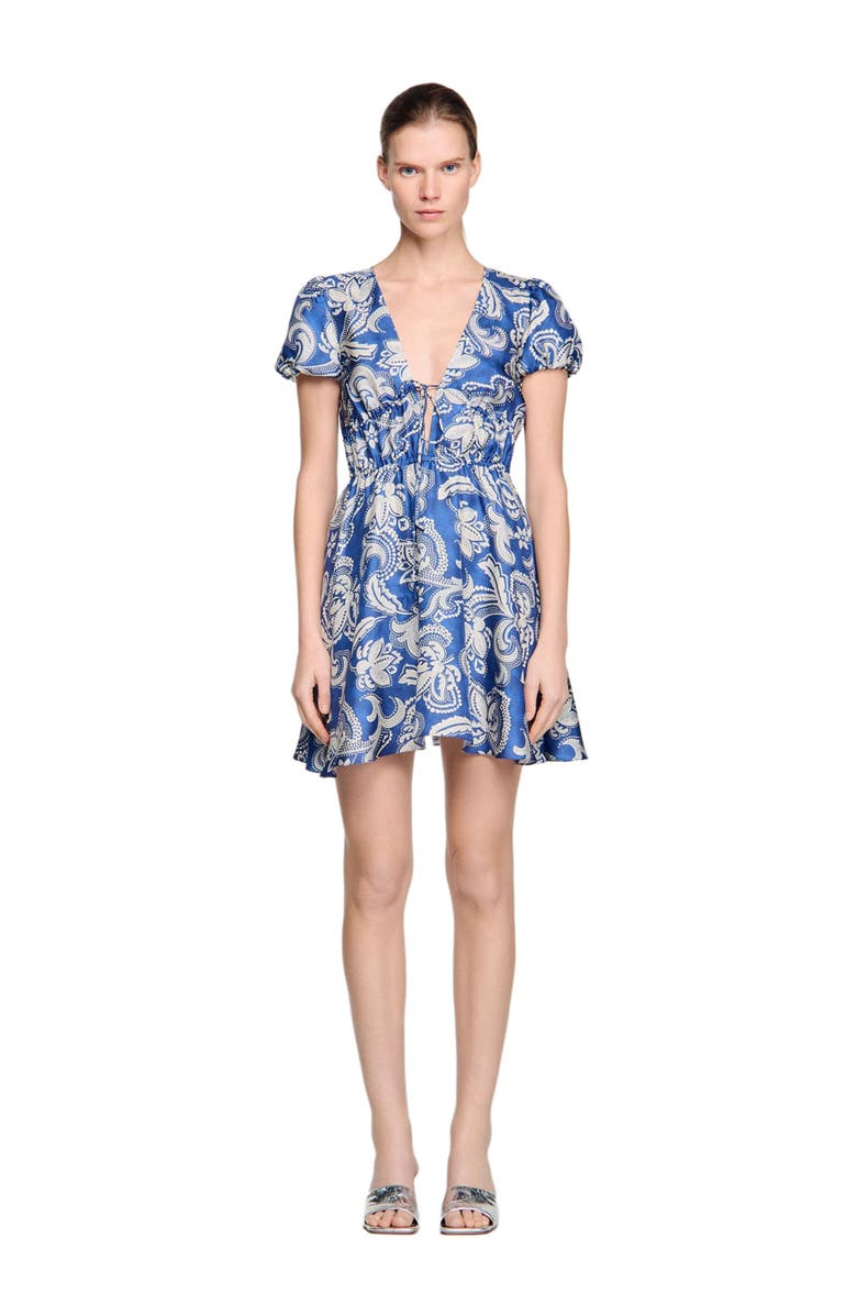 SANDRO Floral print short dress, Alternate, color, Blue / Ecru