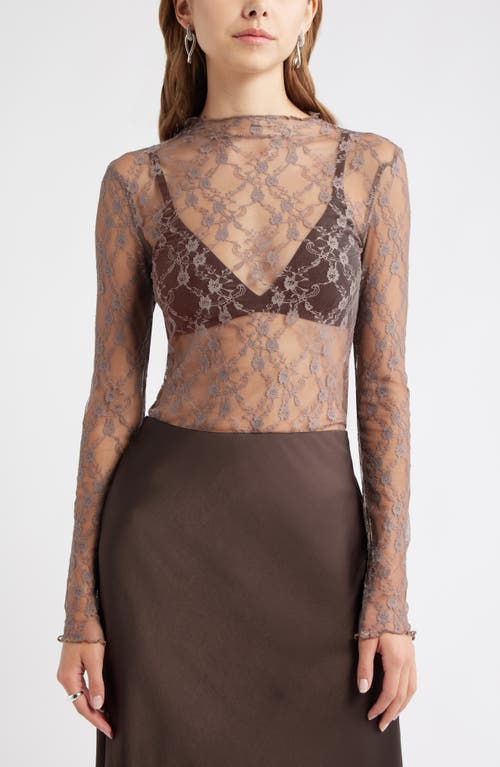 Open Edit Floral Stretch Lace Top In Brown