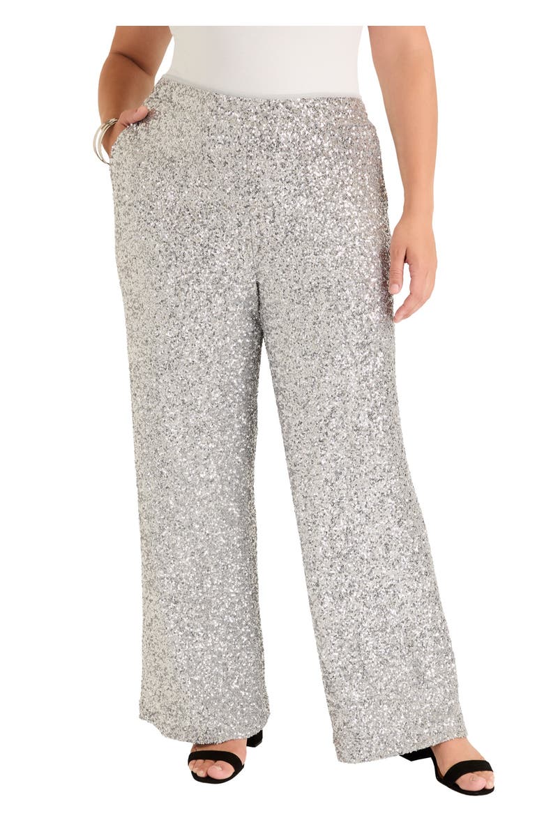 June + Vie Curvie Fit Sequin Wide-Leg Pants, Main, color, 
