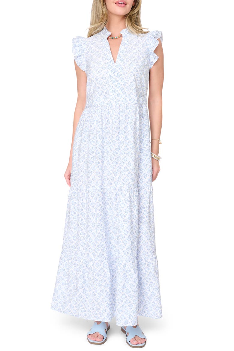 Print Flutter Sleeve Maxi Dress, Main, color, BLUE MOTIF LEAF