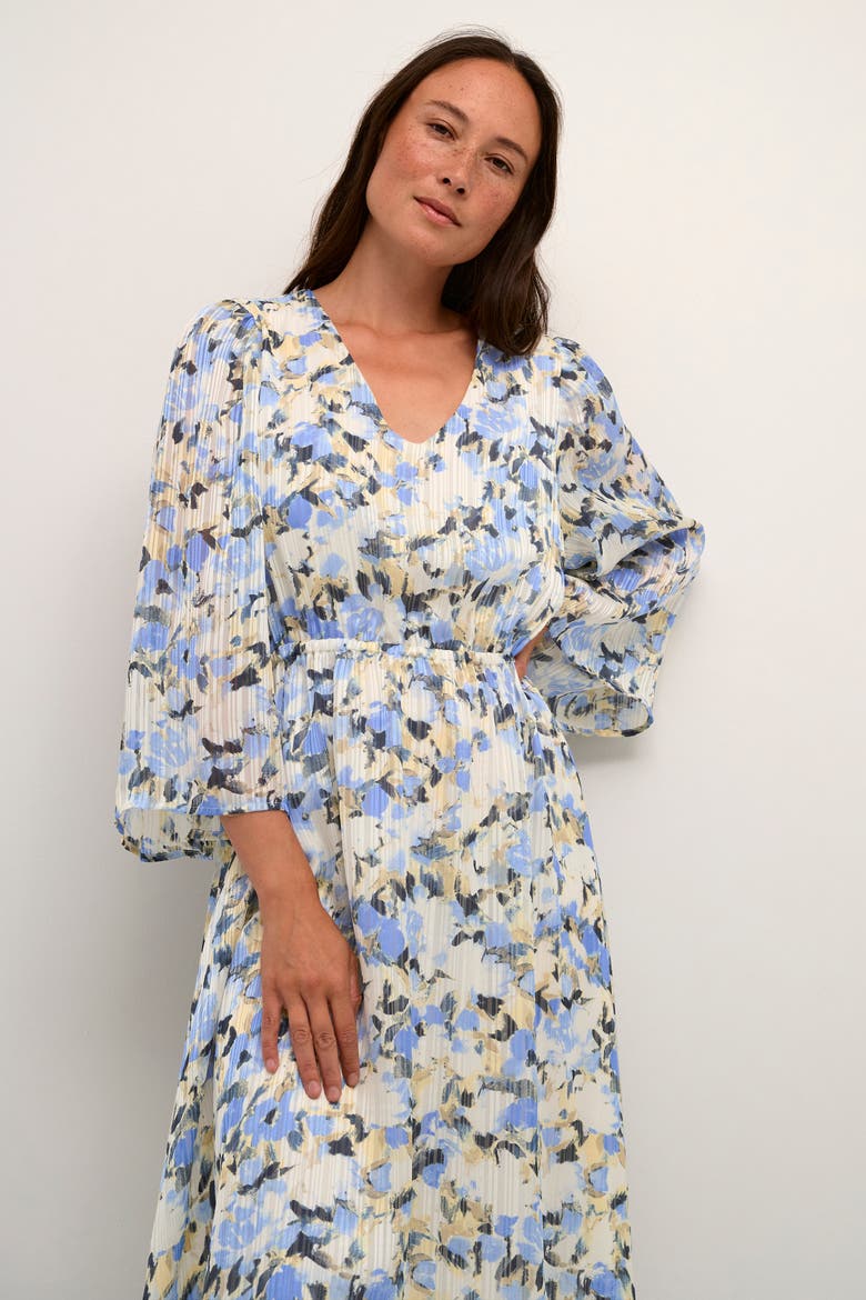 Eva Maxi V-Neck 3/4 Sleeve Dress, Alternate, color, Blue/Yellow Painted Flower
