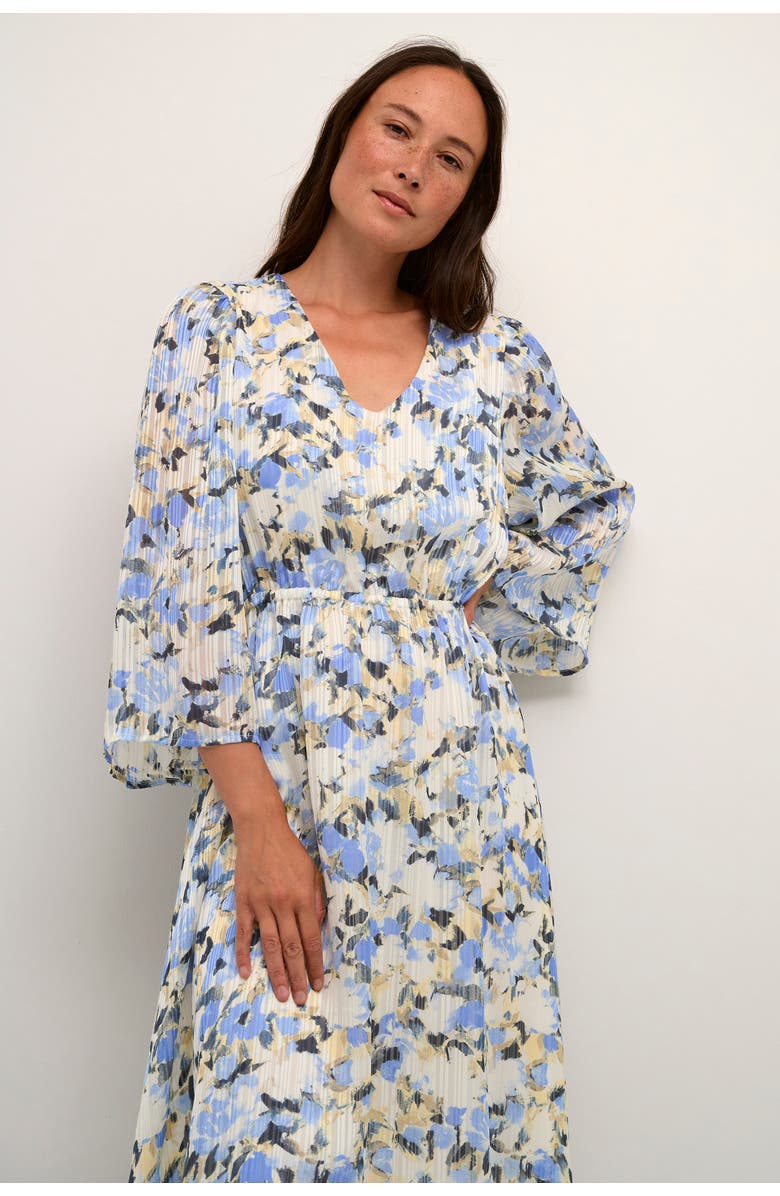 Kaffe Eva Maxi V-Neck 3/4 Sleeve Dress, Alternate, color, Blue/Yellow Painted Flower