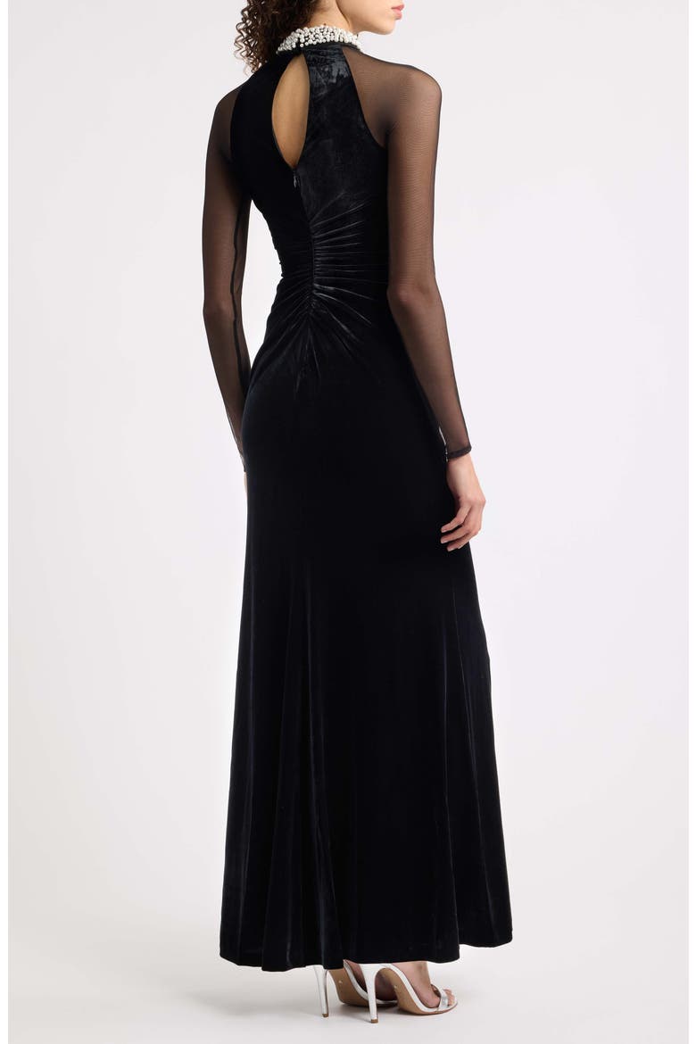 Long Sleeve Stretch Velvet & Mesh Column Gown, Alternate, color, BLACK