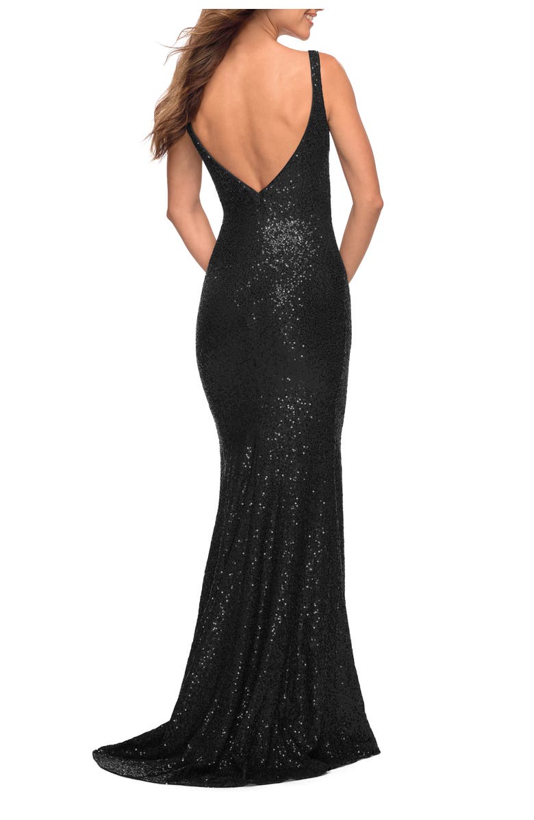 La Femme Long Stretch Sequin Gown with Low Back, Alternate, color, Black