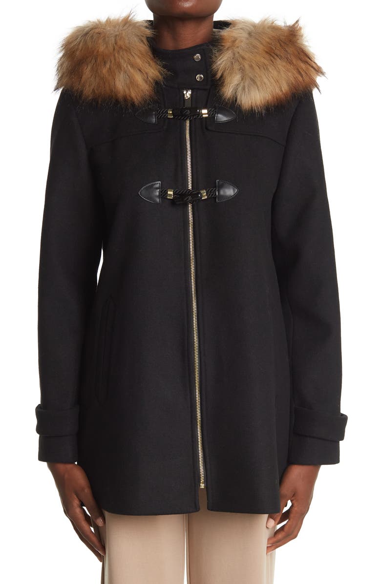 Nine West Faux Fur Trim Hooded Toggle Coat, Alternate, color,