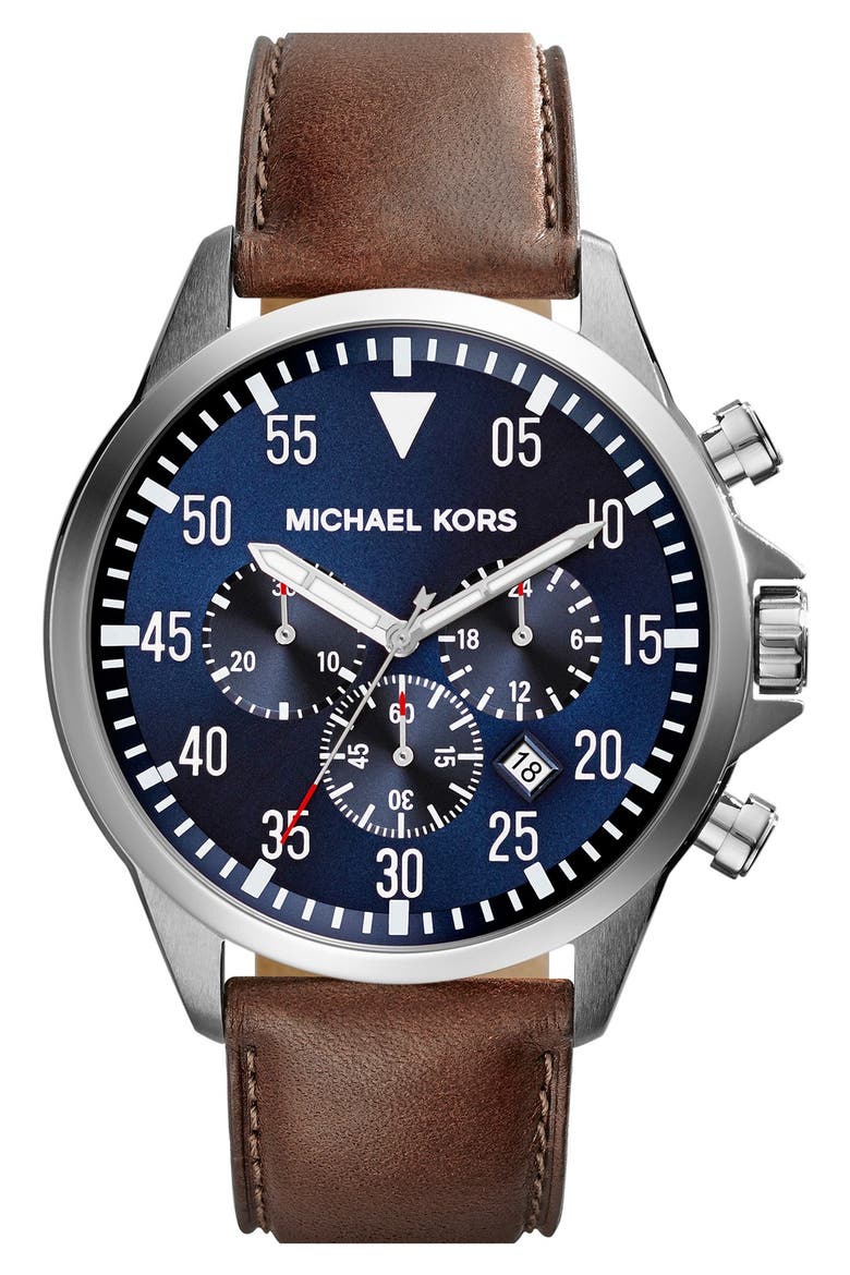 'Gage' Chronograph Leather Strap Watch, 45mm, Main, color, BROWN/ BLUE