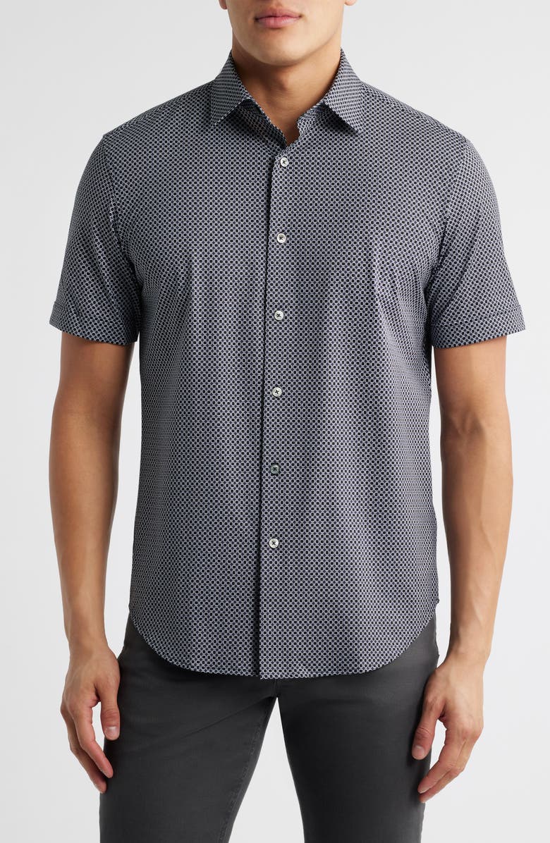 Bugatchi Miles OoohCotton<sup>®</sup> Geo Print Short Sleeve Button-Up Shirt, Main, color, Black