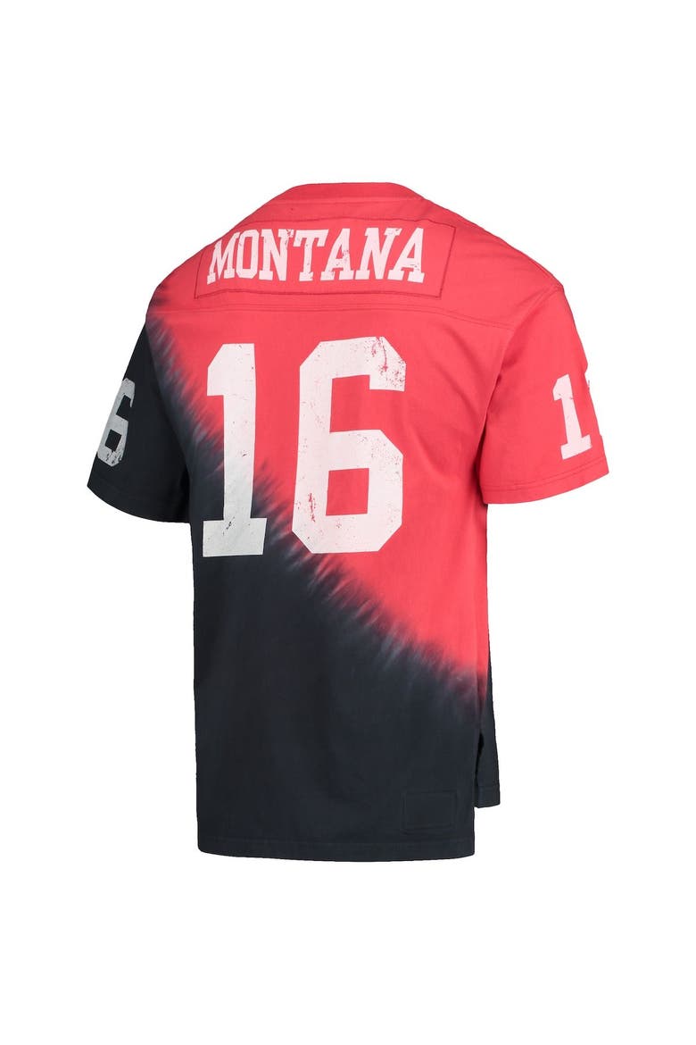 Men's Mitchell & Ness Joe Montana Black/Red San Francisco 49ers Retired Player Name & Number Diagonal Tie-Dye V-Neck T-Shirt, Alternate, color, Black