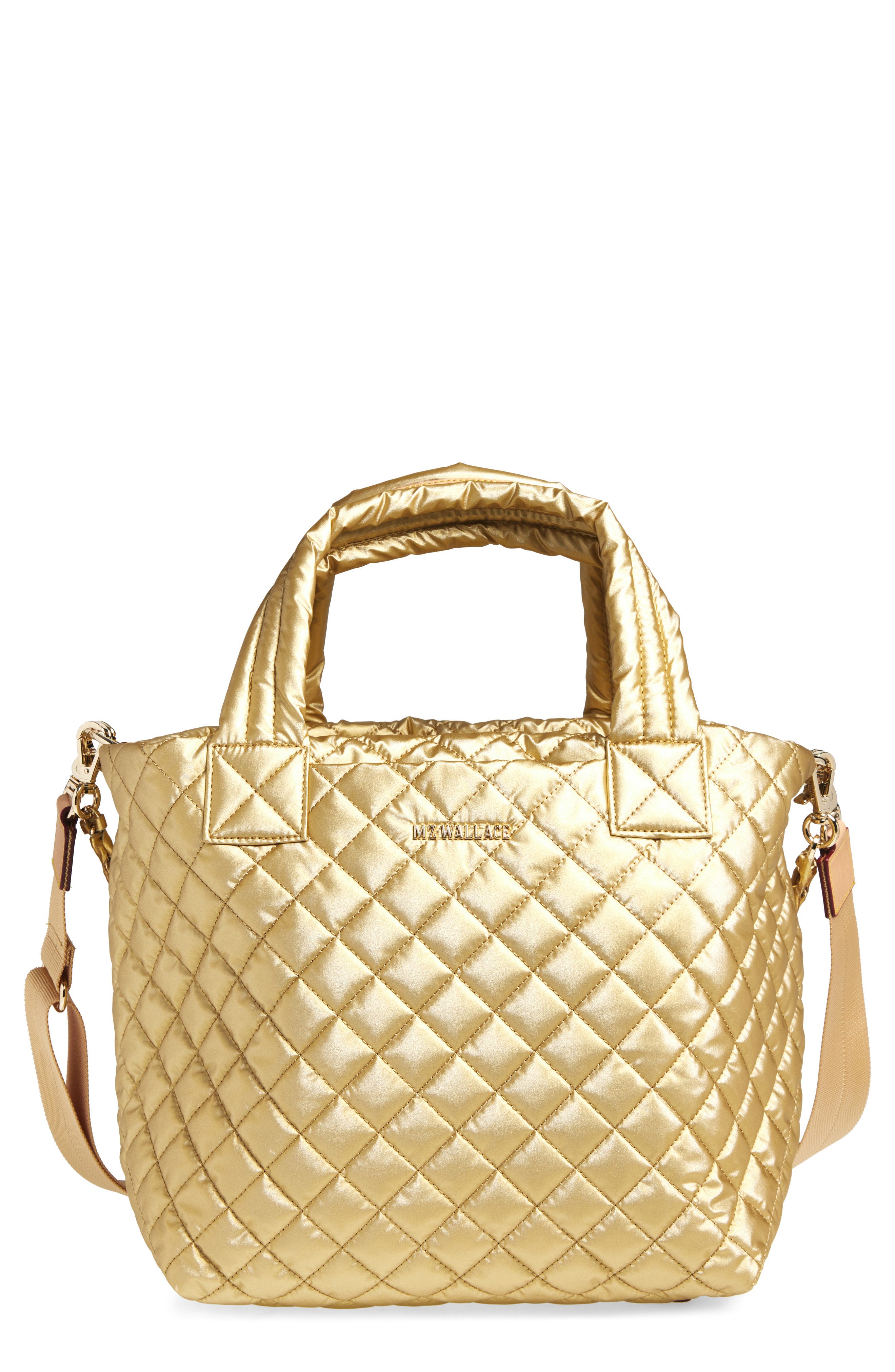 MZ Wallace Small Metro Deluxe Quilted Metallic Nylon Tote, Main, color, Light Gold Pearl Metallic