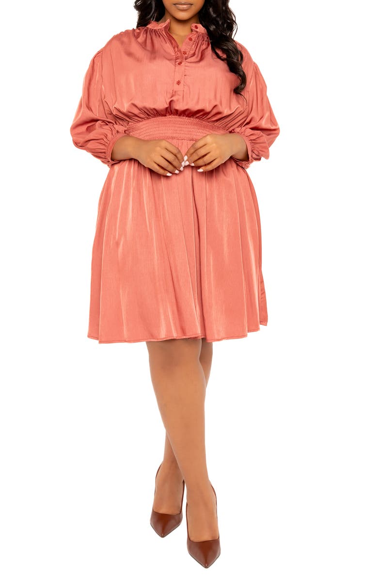 BUXOM COUTURE Smocked Long Sleeve Satin Shirtdress, Alternate, color, Marsala