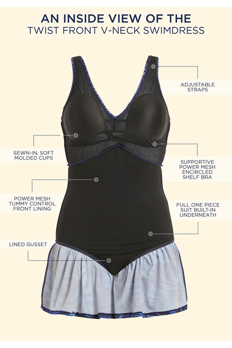 Twist Front V Neck Swimdress, Alternate, color, Navy Stained Glass