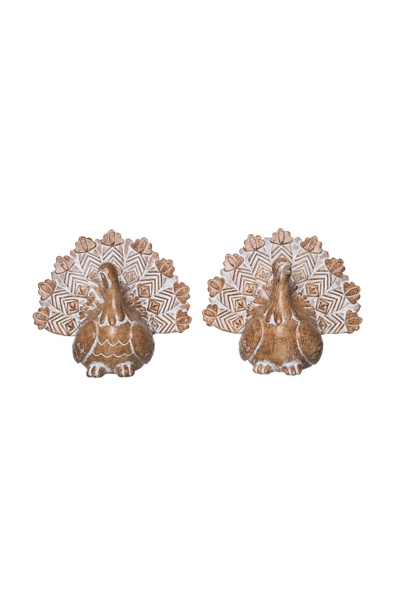 Large White-washed Turkey Figurine Set of 2 Fall Harvest Home Decorations for Thanksgiving and Autumn, Main, color, Multicolored