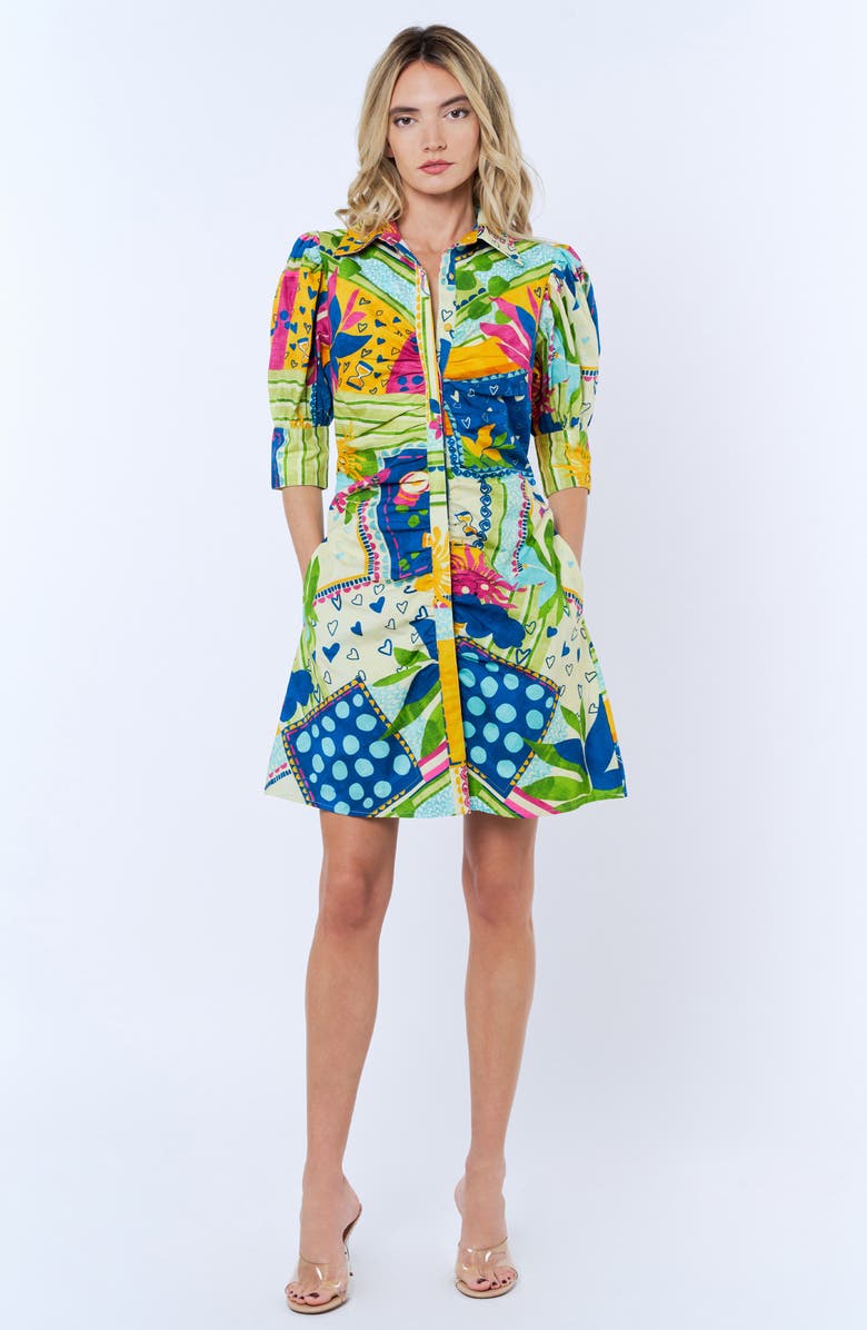 CIEBON Stormi Print Ruched Cotton Shirtdress, Alternate, color, Light Yellow Multi