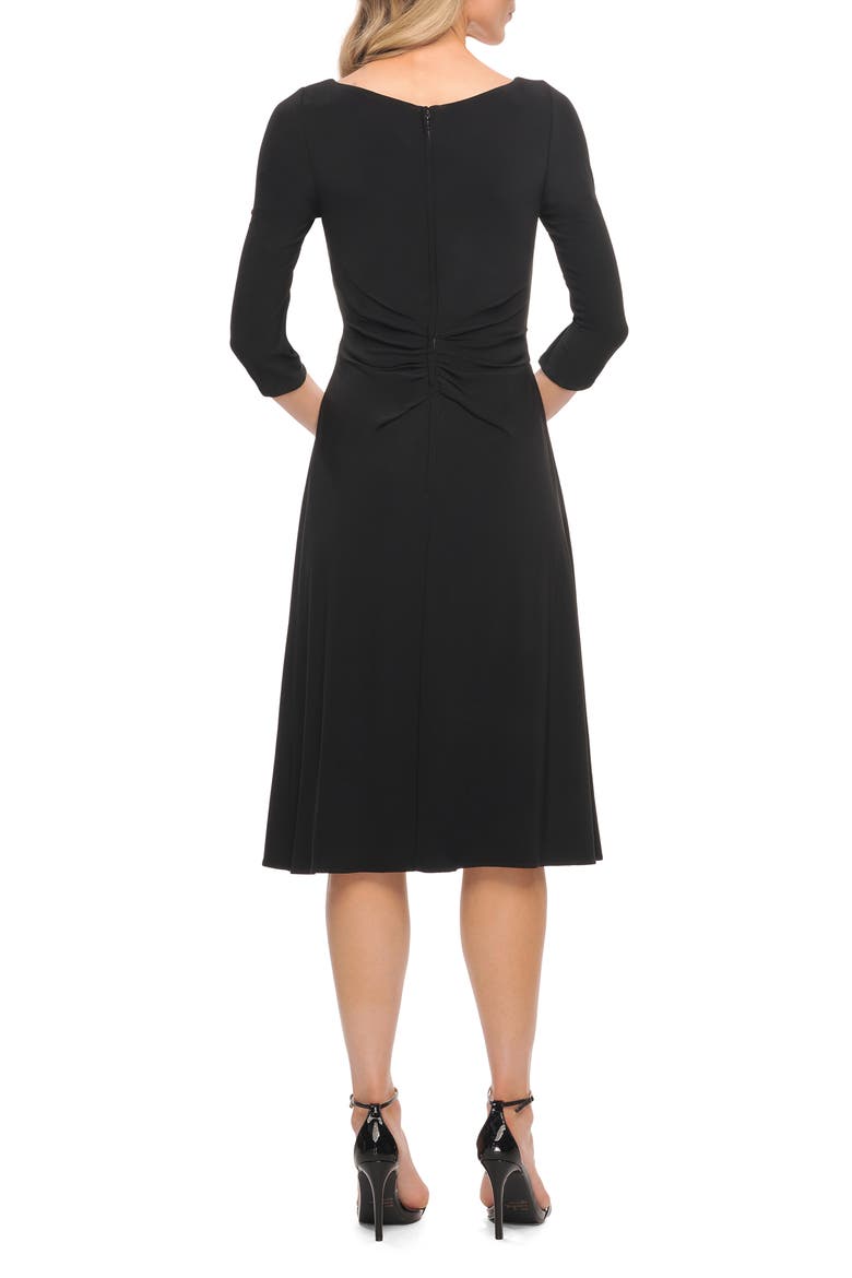 Chic Tea Length Jersey Dress with Ruching, Alternate, color, BLACK