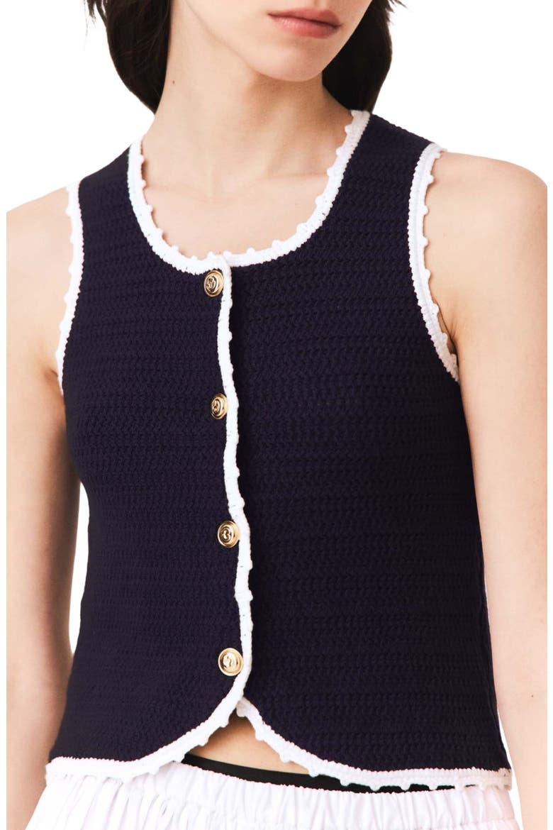 Knit top with crochet trim, Alternate, color, Navy