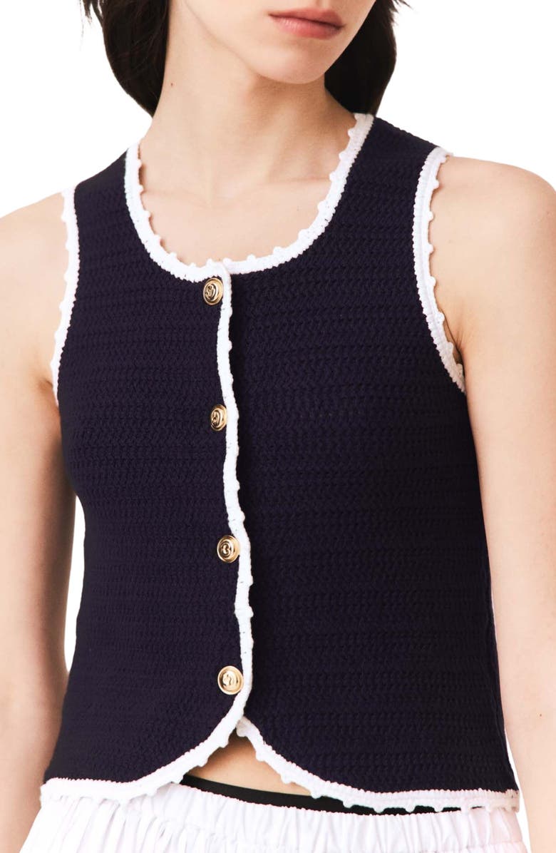 maje Knit top with crochet trim, Alternate, color, Navy
