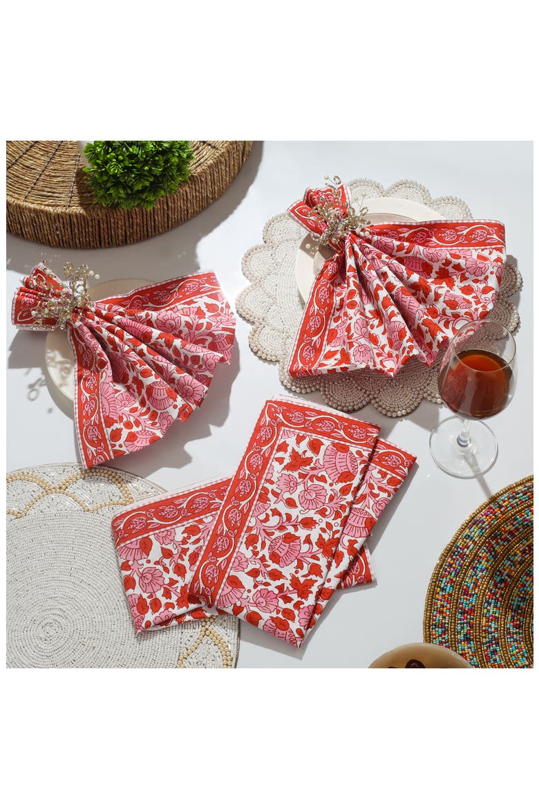 Set of 4 Floral Block Print Cotton Napkins, Alternate, color, RED/ PINK