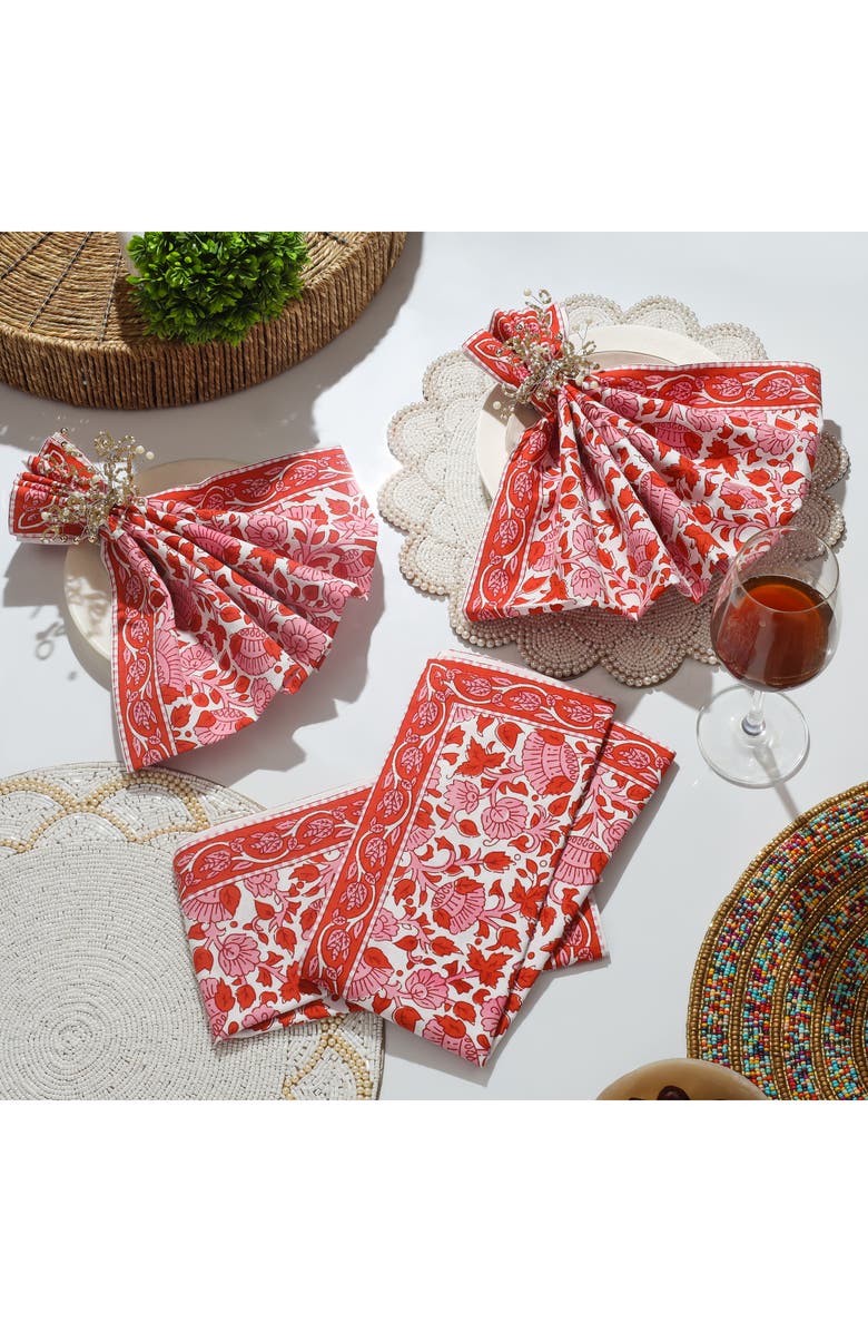 Tiramisu Set of 4 Floral Block Print Cotton Napkins, Alternate, color, Red/ Pink