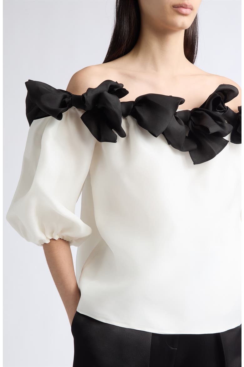 Off the Shoulder Silk Top with Bows, Alternate, color, IVORY/ BLACK