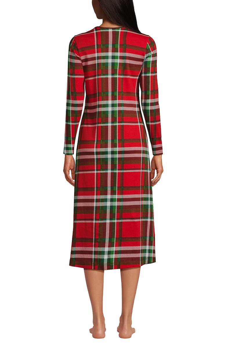 Lands' End Cotton Long Sleeve Midcalf Nightgown, Alternate, color, Compass Red/Emerald Plaid