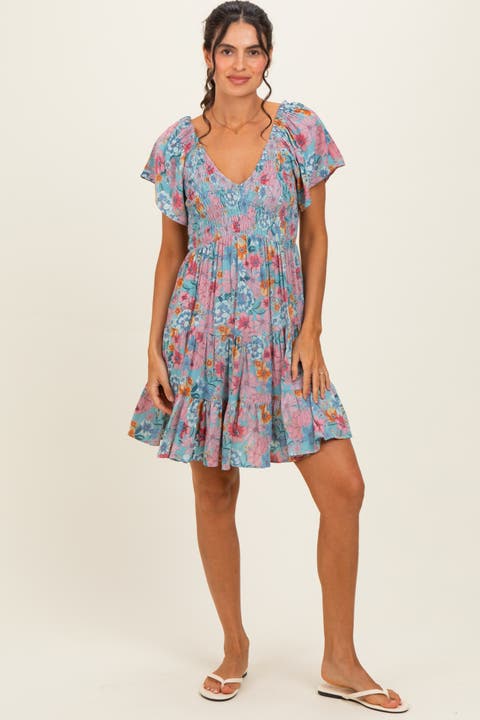 V Neck Smocked Bust Short Sleeve Short Dress