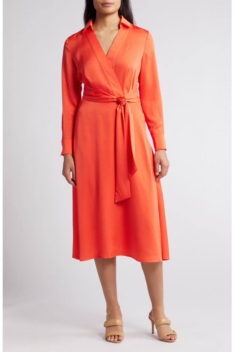 Wrap Front Long Sleeve Hammered Satin Midi Shirtdress, Main, color, MELON