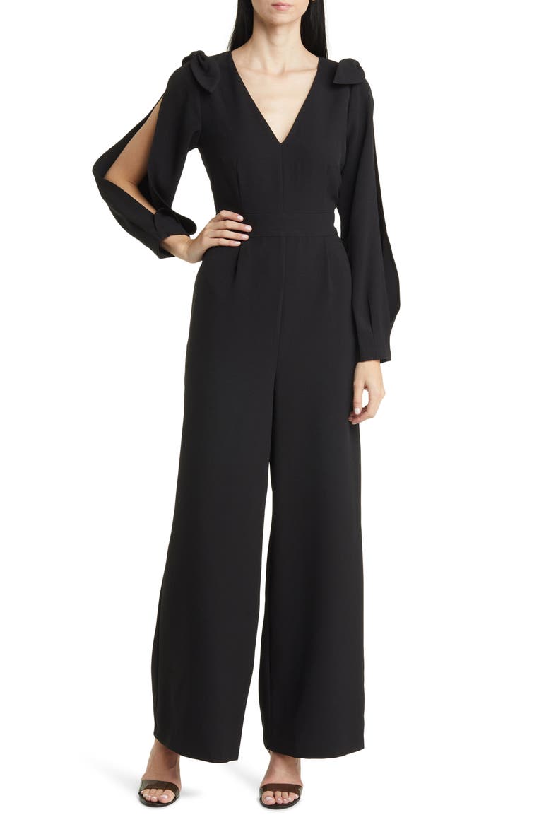 Slit Sleeve Wide Leg Crepe Jumpsuit, Main, color, BLACK