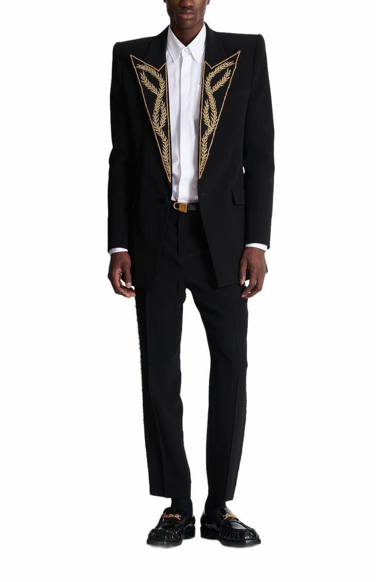 Balmain 1-Button Jacket With Embroidered Collar, Alternate, color, Black