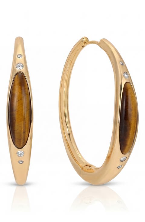 Solstice 18k Gold Plated Tiger Eye Hoop Earrings