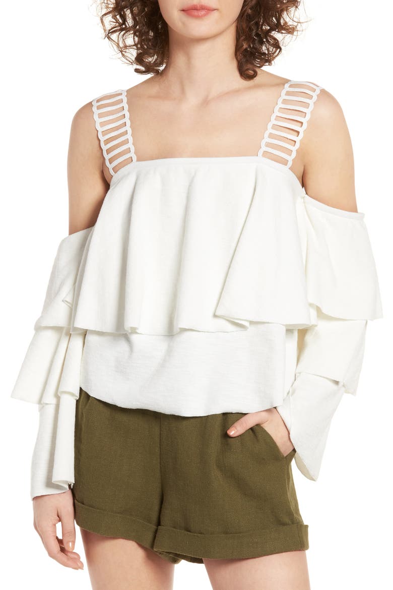 Lace & Ruffle Off the Shoulder Top, Main, color, OFF WHITE