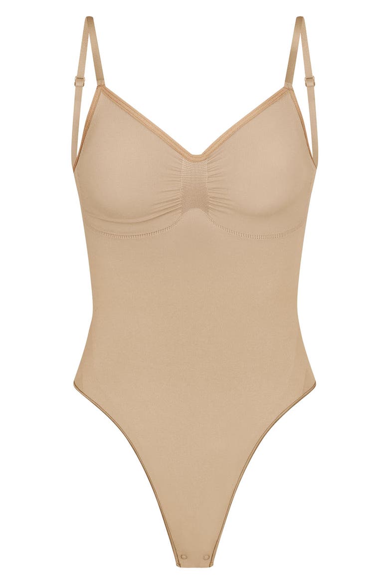Seamless Sculpt Low Back Thong Bodysuit, Alternate, color, CLAY