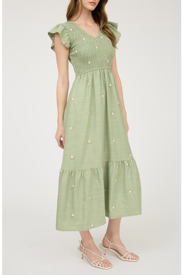Floral Embroidered Cap Sleeve Midi Dress, Alternate, color, OLIVE GREEN