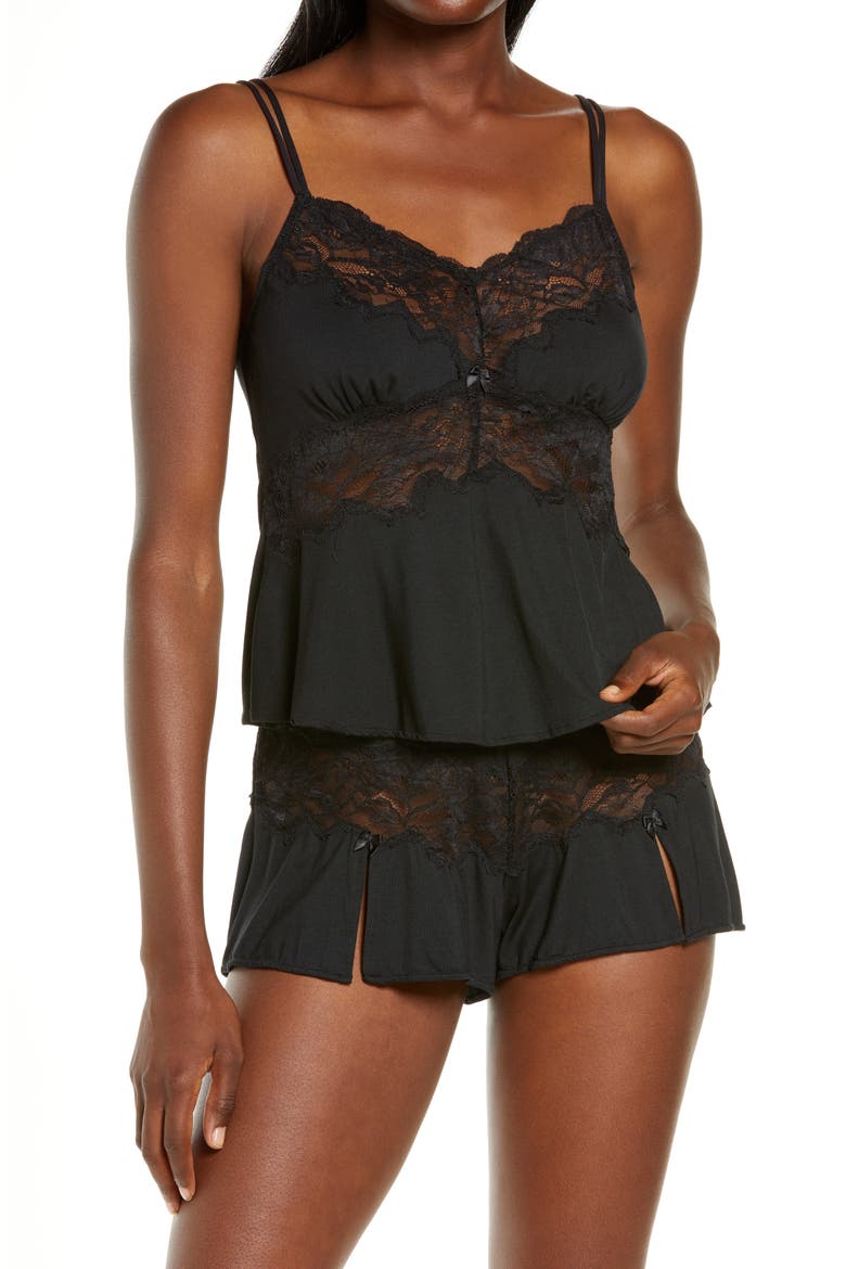 Lace Trim Short Pajamas, Main, color, BLACK