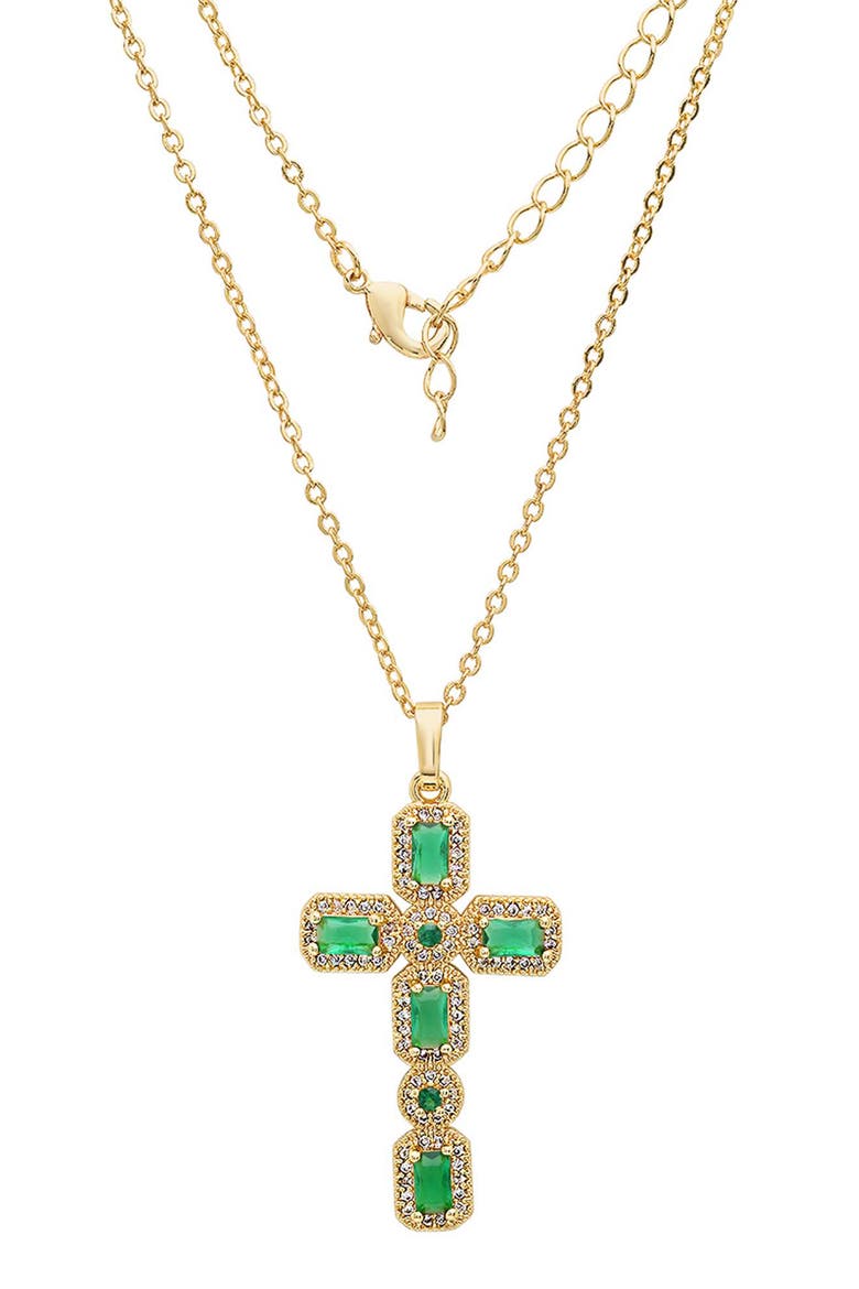 18k Gold Plated Stone Cross Pendant Necklace, Main, color, GOLD/ GREEN