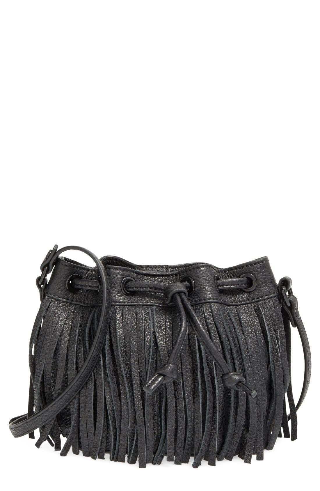 'Micro Lexi' Fringe Bucket Bag, Main, color, BLACK/ BLACK