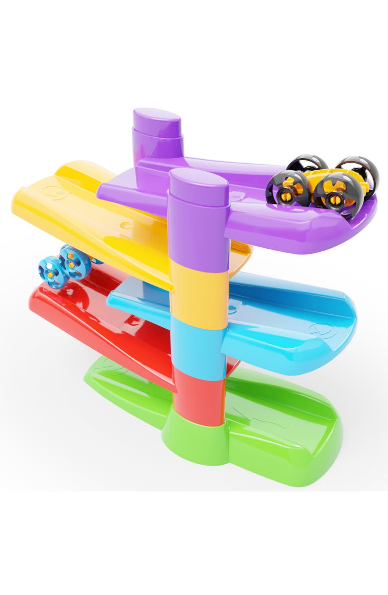 Quercetti Flip Car Race Track Stacking Ramp Playset, 2 Flipping Cars, Alternate, color, Multicolored