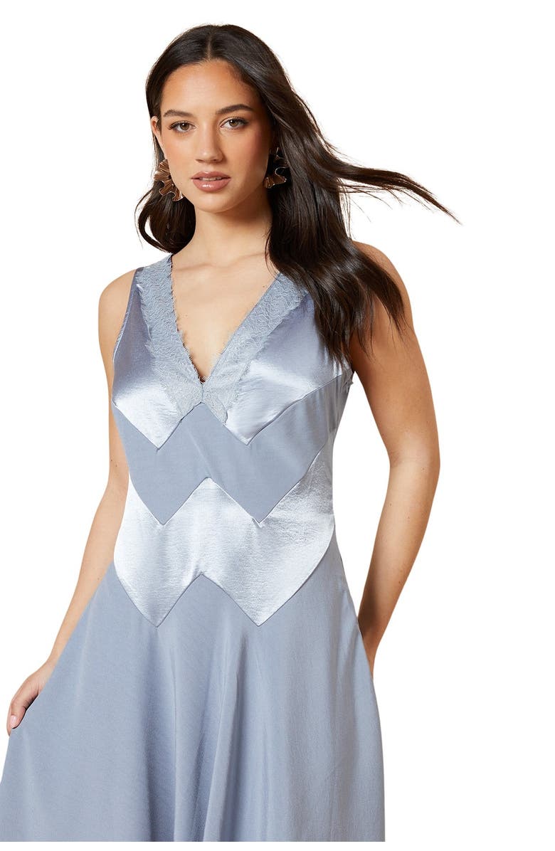 Oasis V-Neck Mesh Asymmetric Midi Dress, Alternate, color, Blue