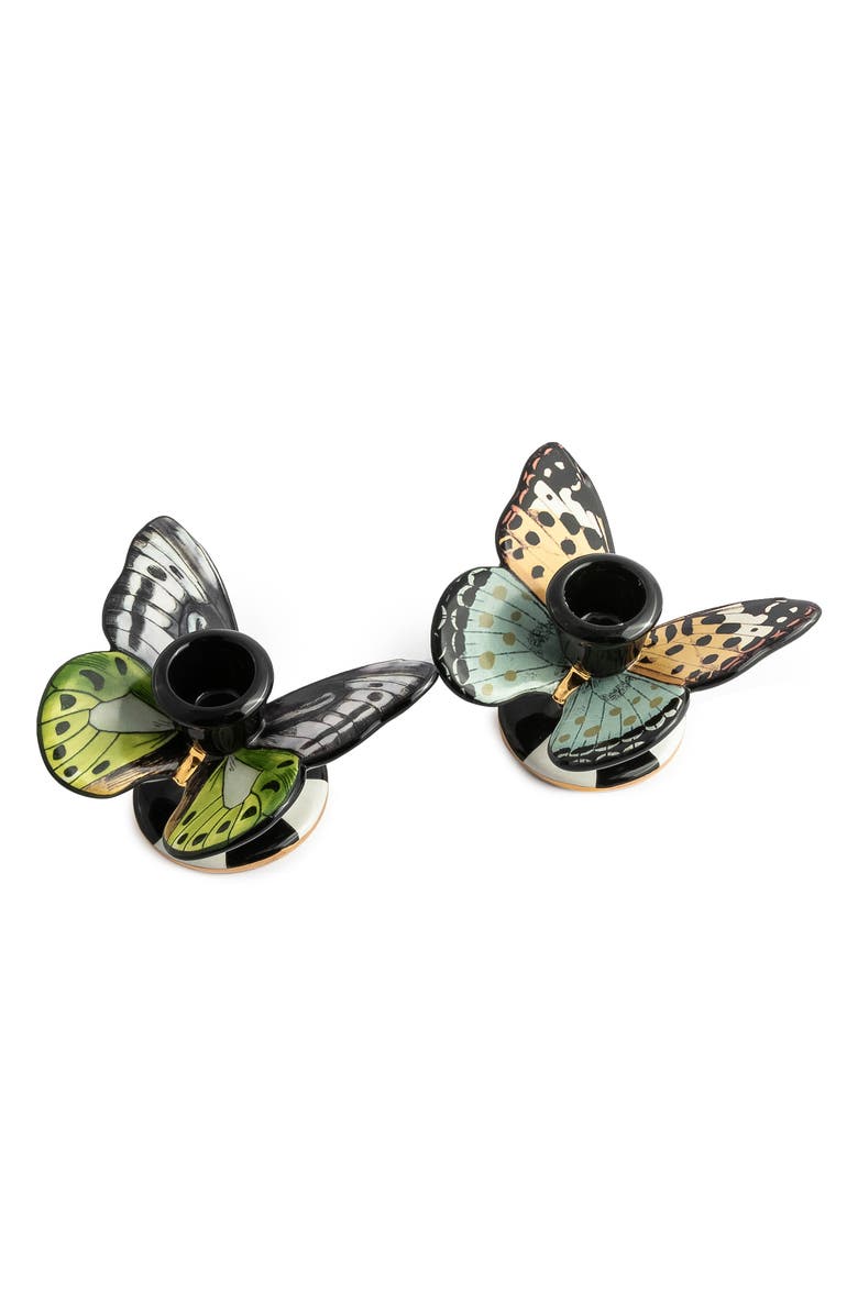 MACKENZIE CHILDS Toile Set of 2 Butterfly Candleholders, Main, color, Black Multi