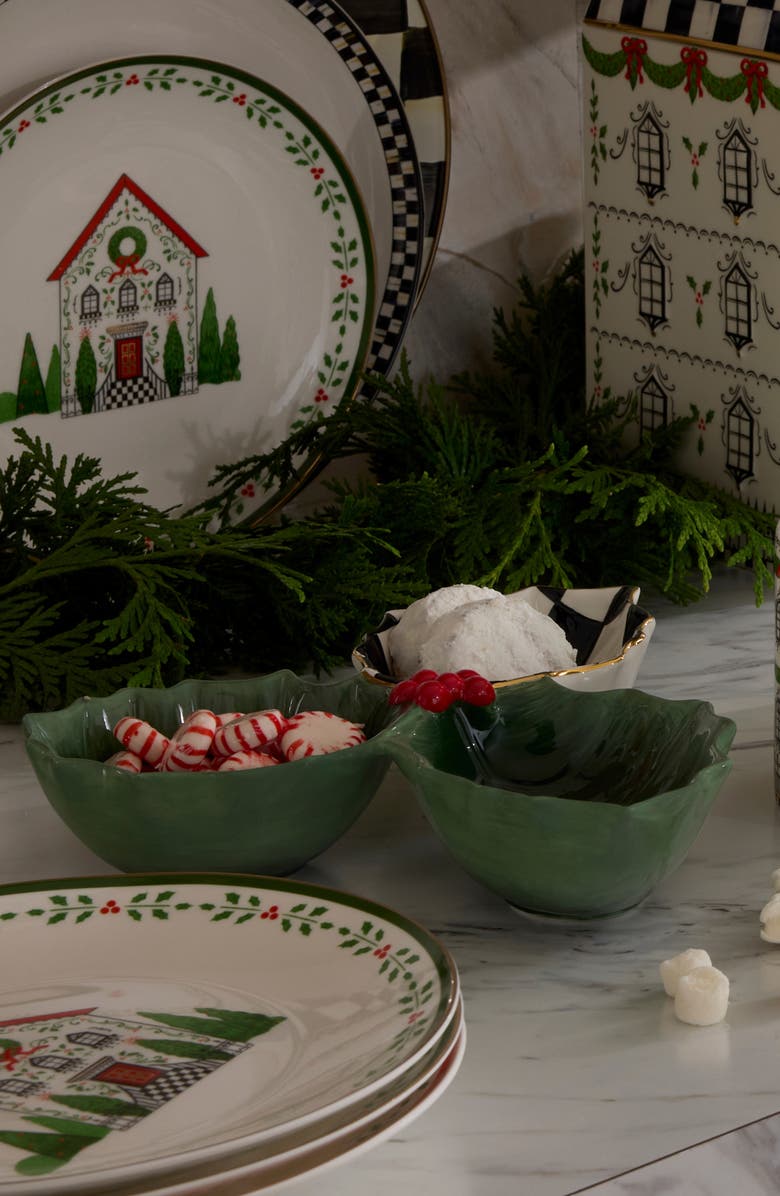 MACKENZIE CHILDS Courtly Check Holly Leaf Hand Painted Ceramic Candy Dish, Alternate, color, Green