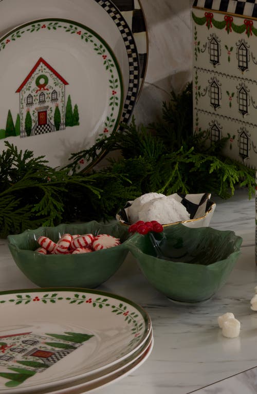 Mackenzie-childs Mackenzie Childs Courtly Check Holly Leaf Hand Painted Ceramic Candy Dish In Green