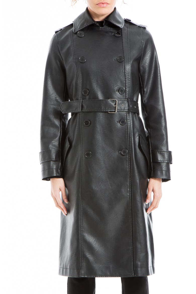 Faux Leather Long Trench Coat, Alternate, color, BLACK
