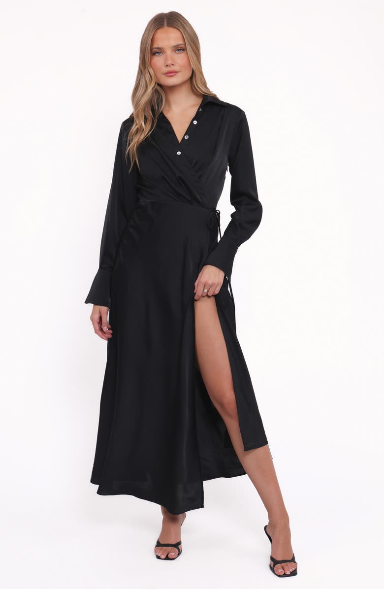 Petal & Pup Verna Long Sleeve Wrap Maxi Shirtdress, Alternate, color, Black