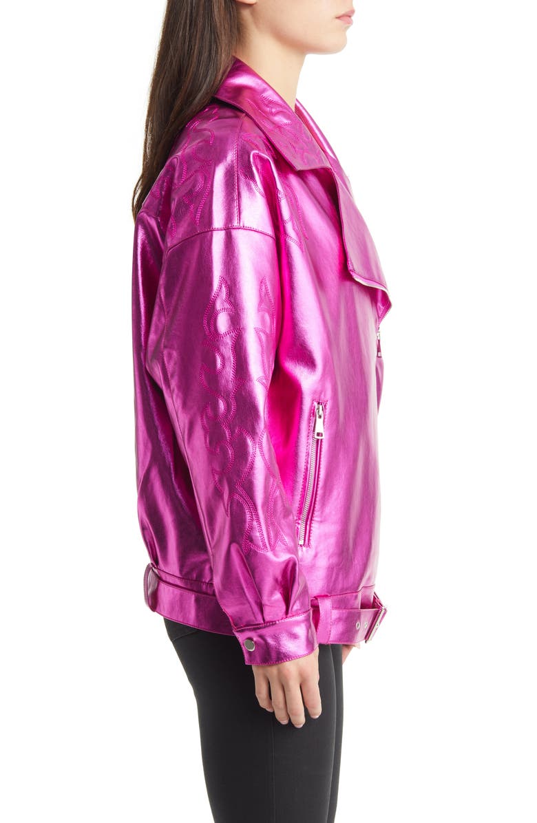 AZALEA WANG Metallic Faux Leather Moto Jacket, Alternate, color, Fuchsia