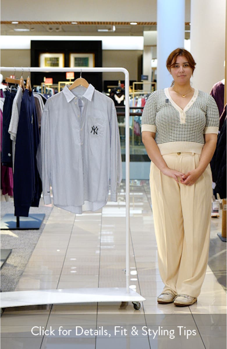 Gender Inclusive New York Yankees Serif Stripe Poplin Button-Up Shirt, sales video thumbnail