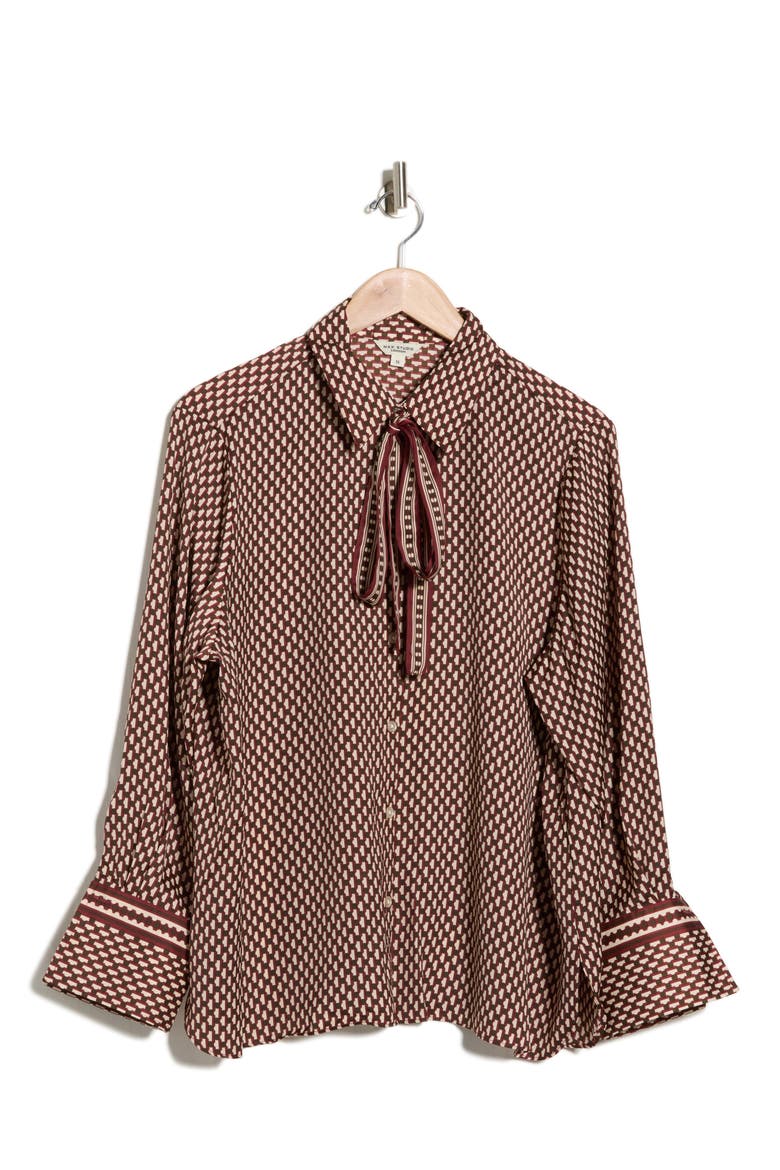Tie Neck Satin Button-Up Shirt, Alternate, color, BROWN/ BEIGE DOTTIE STRIPES