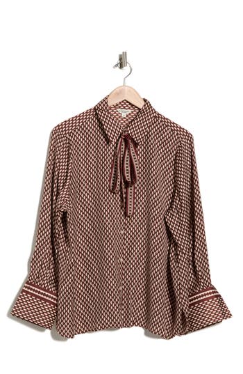 Max Studio Tie Neck Satin Button-up Shirt In Brown