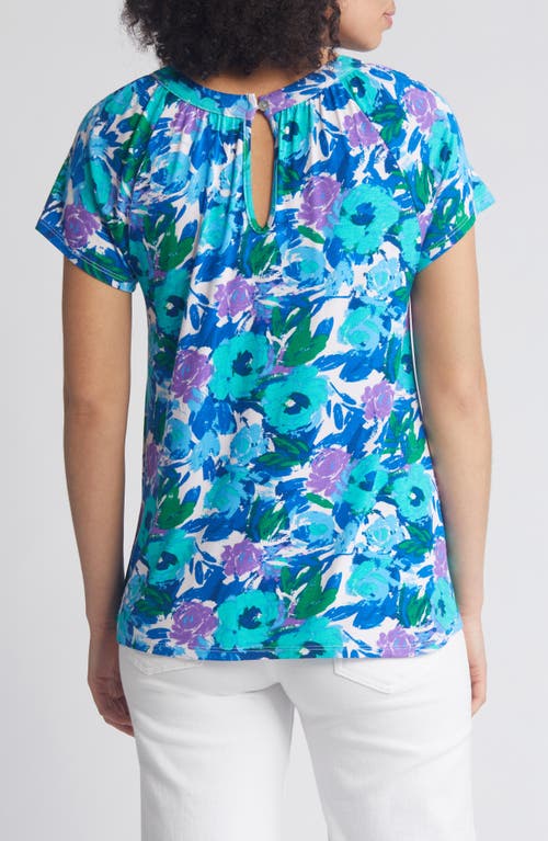 Loveappella Floral Print Keyhole Top In Blue