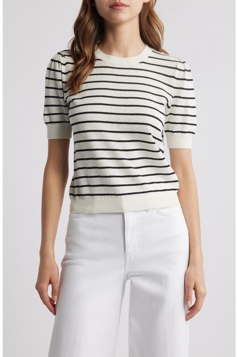 The Gathered Stripe Short Sleeve Organic Cotton & Linen Blend Sweater, Main, color, CREAM MULTI