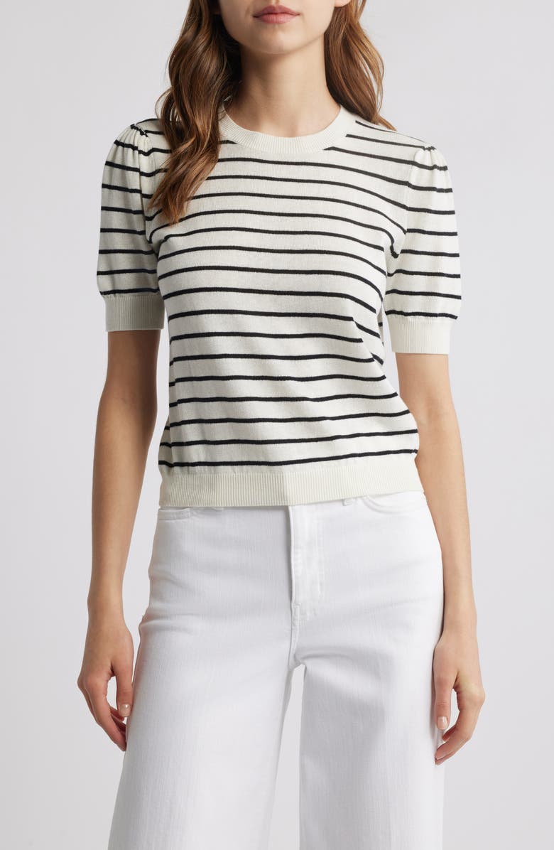FRAME The Gathered Stripe Short Sleeve Organic Cotton & Linen Blend Sweater, Main, color,