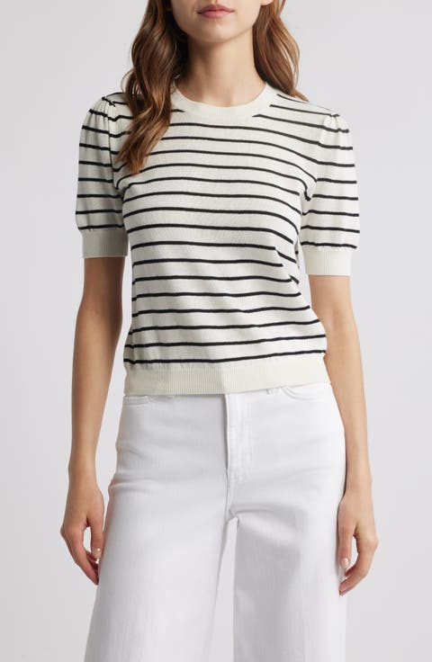 The Gathered Stripe Short Sleeve Organic Cotton & Linen Blend Sweater